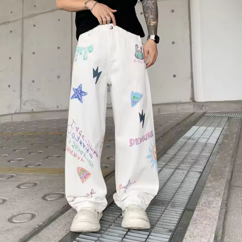 14008 High Street Trend Jeans Men Printed Patch Leather Loose Tide Wide Leg Hip Hop