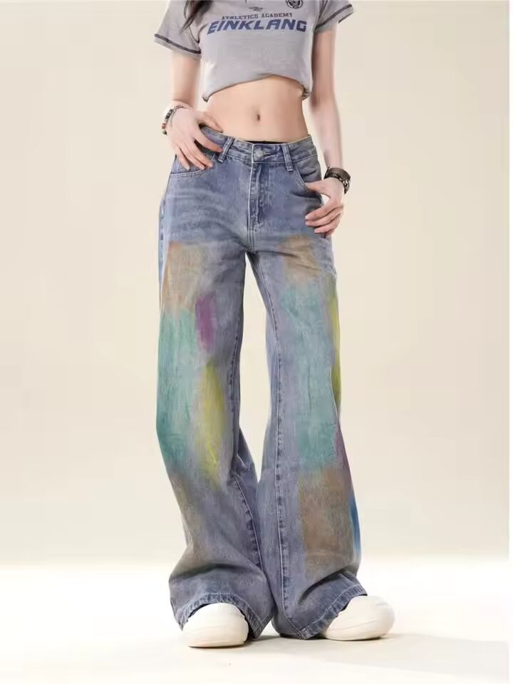 Summer New Art Painting Dyed Colorful Retro Straight Pants Casual Loose Versatile Versatile Slim Wide Leg Women's Jeans