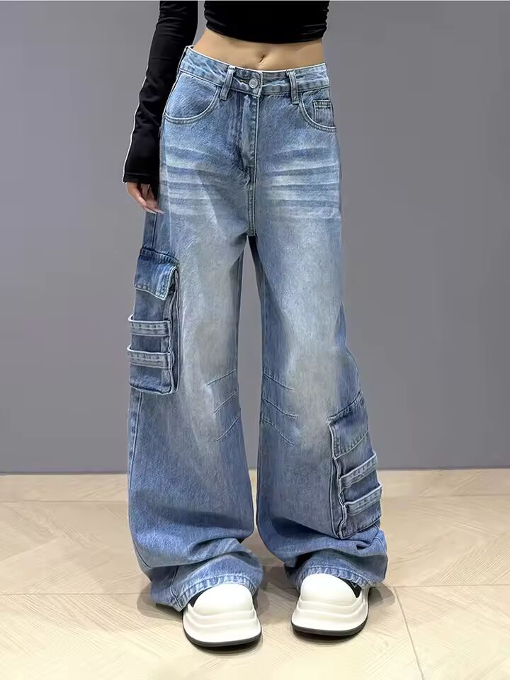 Street Vintage Cargo Jeans Women New Y2K Harajuku Wash Blue Multiple Pockets Baggy Jeans Denim Pants Bf High Waist Wide Trousers