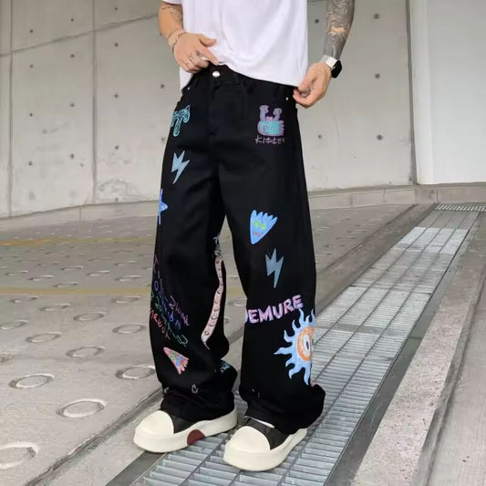 14008 High Street Trend Jeans Men Printed Patch Leather Loose Tide Wide Leg Hip Hop