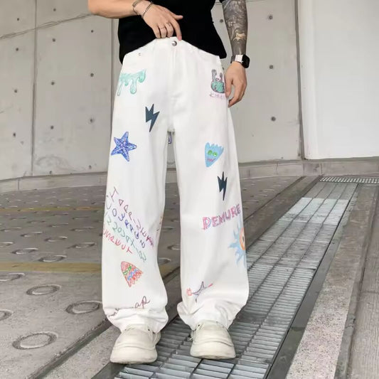14008 High Street Trend Jeans Men Printed Patch Leather Loose Tide Wide Leg Hip Hop