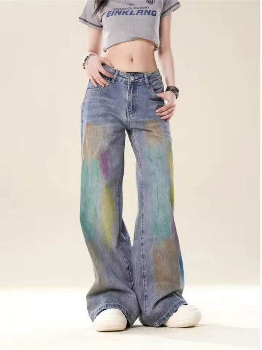 Summer New Art Painting Dyed Colorful Retro Straight Pants Casual Loose Versatile Versatile Slim Wide Leg Women's Jeans