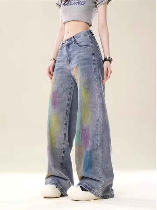 Summer New Art Painting Dyed Colorful Retro Straight Pants Casual Loose Versatile Versatile Slim Wide Leg Women's Jeans