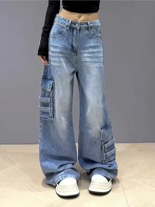 Street Vintage Cargo Jeans Women New Y2K Harajuku Wash Blue Multiple Pockets Baggy Jeans Denim Pants Bf High Waist Wide Trousers