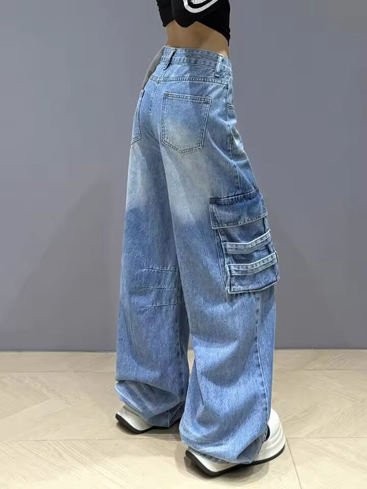 Street Vintage Cargo Jeans Women New Y2K Harajuku Wash Blue Multiple Pockets Baggy Jeans Denim Pants Bf High Waist Wide Trousers